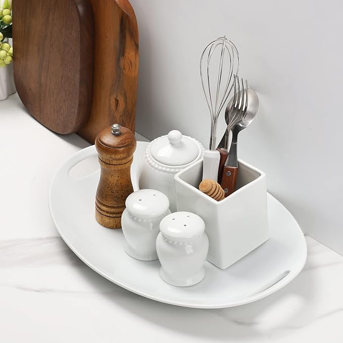 Porcelain Serving Platter with Handles, 14" serving dishes for entertaining, Oval Serving tray for Salad, Stew, Fruits and Pasta, Set of 2, White