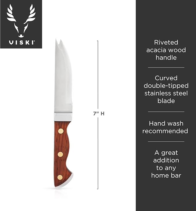 Viski Bartender Knife, 7 Inch Knife, Acacia Wood Handle, Double Tipped Stainless Steel Blade, Bar Knife, Riveted Base, Set of 1