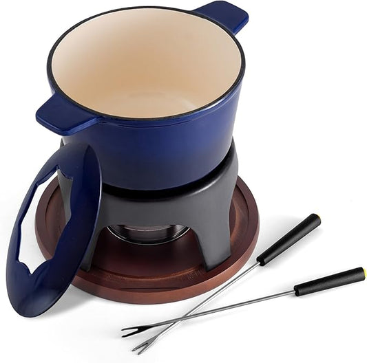 Swissmar Sierra Cast Iron Fondue Set, 1.6 Quart / 1.6 Liter – Perfect for Meat, Cheese, & Chocolate Fondues – Ideal for Family Bonding & Hosting Gifts - 12-Pieces, Deep Blue