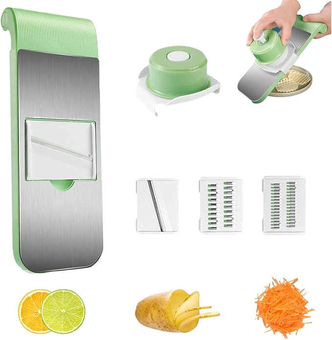 Multifunctional Vegetable Cutter, 6-in-1 Chopper Vegetable Cutter, Stainless Steel Multifunctional Vegetable Cutters & Slicer with 5 Detachable Blades, Mandoline Slicer for Kitchen (3 styles green)