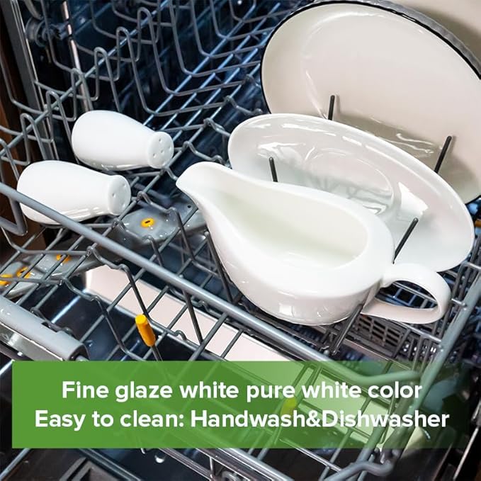 Fine Bone china Gravy Boat with Saucer, Free Salt&Pepper Shaker for Promotion, 14 oz Large Capacity, Pure White Color, Thin and Light Weight, Comfortable to Hold and Easy To Clean, Dishwasher Safe