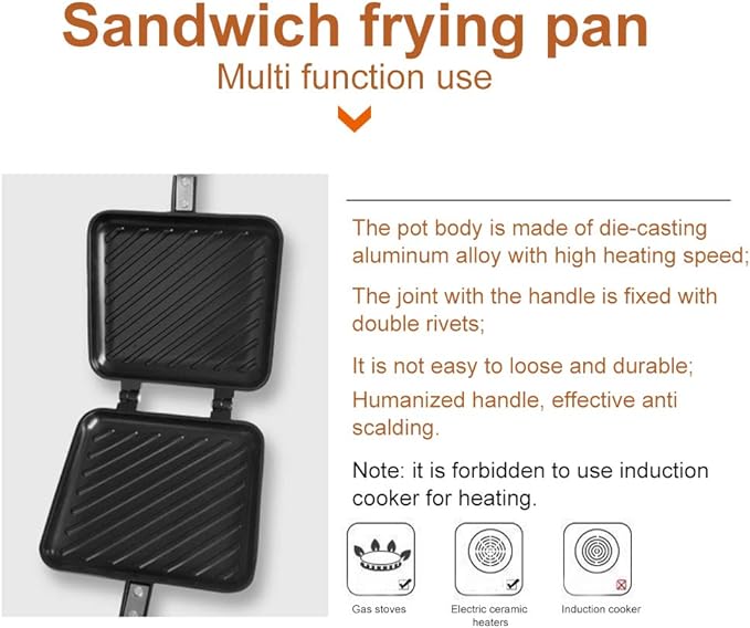 Double-Sided Frying Pan, Sandwich Maker, Double-Coated Non-Stick Grilled Sandwich and Panini Maker, Waffle Pancake Snack Griddle Pan Kitchen Tortillas Sandwich Maker