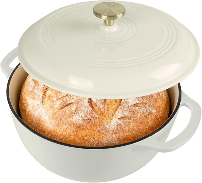 Fijxzct Premium Enameled Cast Iron Dutch Oven for Bread Baking | Non-Stick 5.5QT Oval Bread Oven with Lid | Perfect for Sourdough, Loaf, and Artisan Baking (Round Cream, 5.5 QT)