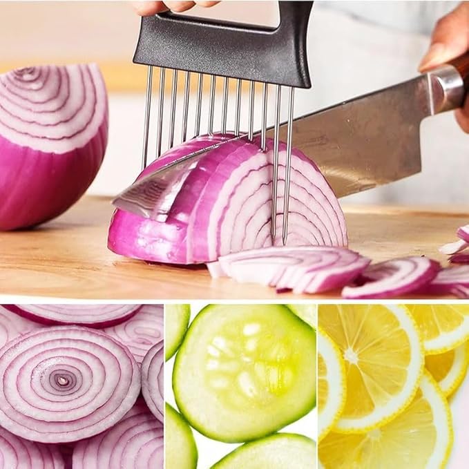 Onion Holder for Slicing, Onion Cutter Vegetable Chopper, Stainless Steel Slicer for Potato, Avocados, Eggs, Food Slicer Assistant Tool for Fruit Lemon and Meat (3)