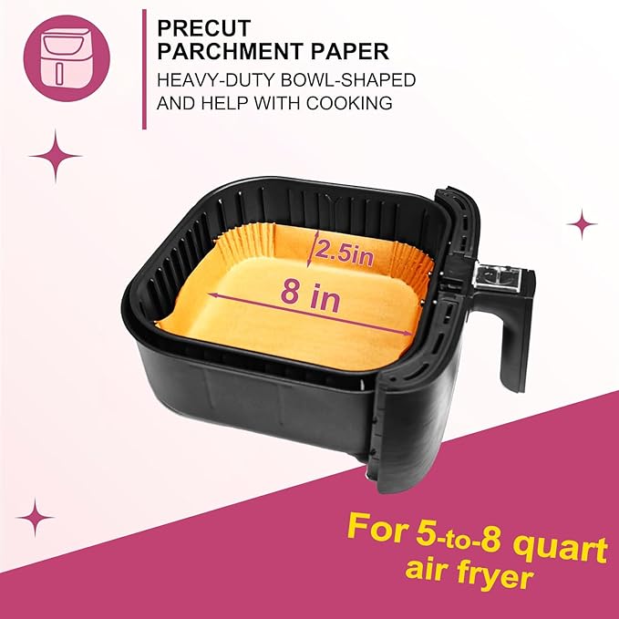Air Fryer Liners for Pink Air Fryer, Paper Liners Disposable for Paris Hilton air fryer, White Air Fryer, Beelicious Air Fryer, 8 Inch 130PCs Square Food Grade Parchment Paper