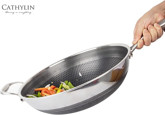 CATHYLIN 13'' 316L Stainless Steel Stir-fry Wok with Lid,Non Stick Skillet with Stay-cool Handle PFOA Free Suitable for Induction, Ceramic, Electric, and Gas Cooktops