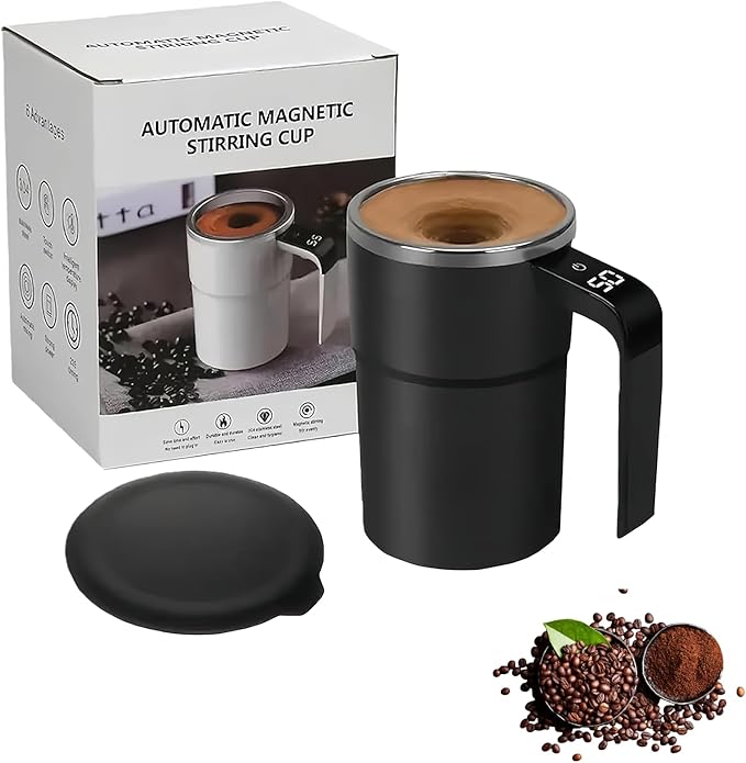 Electric Coffee Mug with a Built-In Lcd Thermometer, 13oz Automatic Self Stirring Coffee Mug, Perfect for Brewing Milk, Cocoa, Etc (Black)
