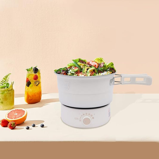 Portable Electric Hot Pot 500W 1.6L with Foldable Handles Power Adjustment Non-stick Frying Pan Mini Hot Pot Multi-Functional Ramen Noodle Cooker for Noodles Steak Cooker (White)
