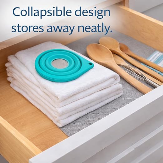 Collapsible Fine Mesh Strainer – Handy 4” Fold-Flat Silicone Funnel with Stainless Steel Filter for Loose Leaf Teas, Wine, Coffee Pour Over, Cocktail Making, Small Sieve, Kitchen, Camping & RV Life