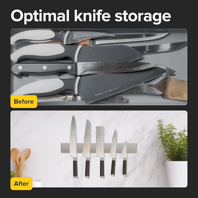 Knife Magnetic Strip 16" Steel – Magnetic Knife Holder for Wall no Screws – Kitchen Utensil Holder, Knife Bar, Knife Rack, Kitchen Organizer and Tool Holder