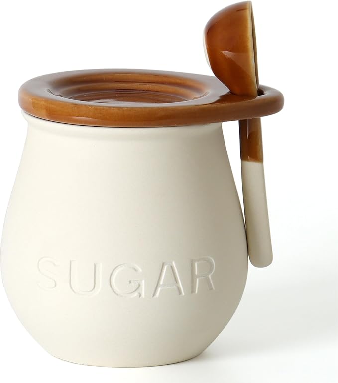 Ceramic Sugar Bowl with Lid and Spoon, 16 Oz Sugar Container for Coffee Bar Decor, Farmhouse Sugar Jar Sugar Dispenser, Vintage Kitchen Decor and Accessories (1 Pack)