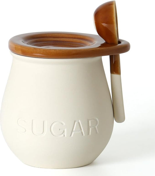 Ceramic Sugar Bowl with Lid and Spoon, 16 Oz Sugar Container for Coffee Bar Decor, Farmhouse Sugar Jar Sugar Dispenser, Vintage Kitchen Decor and Accessories (1 Pack)