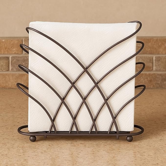 Criss Cross Metal Napkin Holder – Upright Tabletop Dispenser, Oil-Rubbed Bronze Finish, Modern Self-Standing Design with Raised Feet – Holds Paper Napkins for Kitchen, Dining, Bar