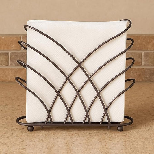 Criss Cross Metal Napkin Holder – Upright Tabletop Dispenser, Oil-Rubbed Bronze Finish, Modern Self-Standing Design with Raised Feet – Holds Paper Napkins for Kitchen, Dining, Bar