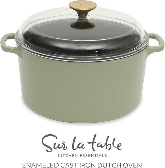 Sur La Table Kitchen Essential Supper Club 5-Quart Enamel-Coated Cast Iron Dutch Oven Pot with Oven Safe Glass Lid, Oven-to-Table Cookware for Bread, Soups, Stews & Braising - Juniper Green