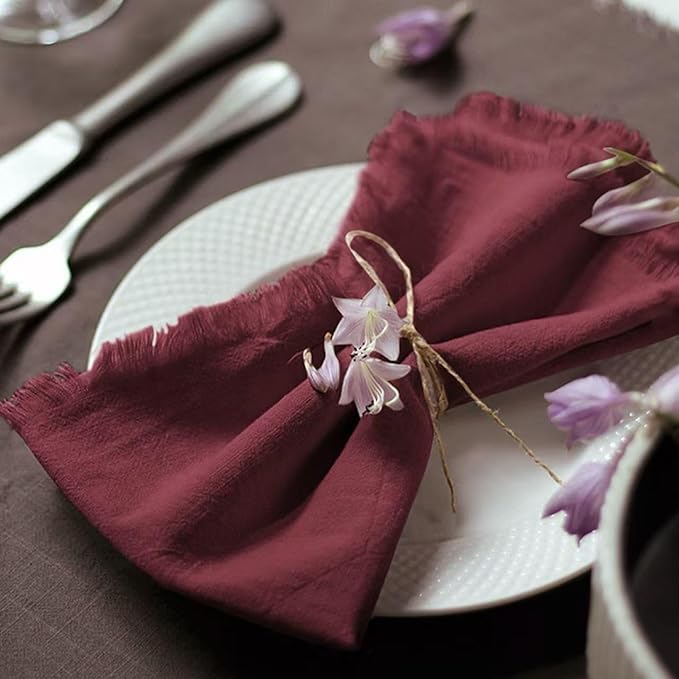 Handmade Cloth Napkins 100% Cotton Napkins with Fringe，Delicate Handmade Cloth Napkins for Dinners, Parties, Weddings and More，18 x 18 Inch Set of 4 - Burgundy