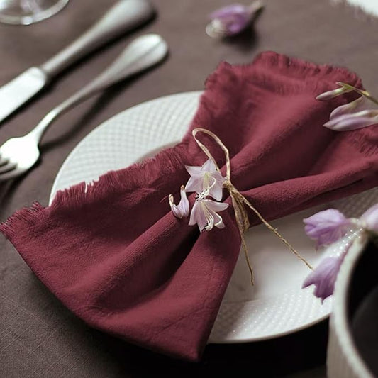 Handmade Cloth Napkins 100% Cotton Napkins with Fringe，Delicate Handmade Cloth Napkins for Dinners, Parties, Weddings and More，18 x 18 Inch Set of 12 - Burgundy