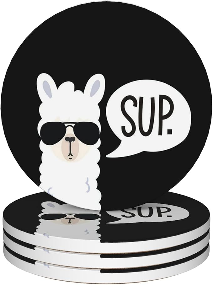 Coasters for Drinks,Set of 4 Absorbent Coasters,Sup Llama Funny Ceramic Coasters with Cork Base,Cup Coaster for Coffee Table Protection,Gifts for Housewarming Birthday - Home and Dining Room Decor