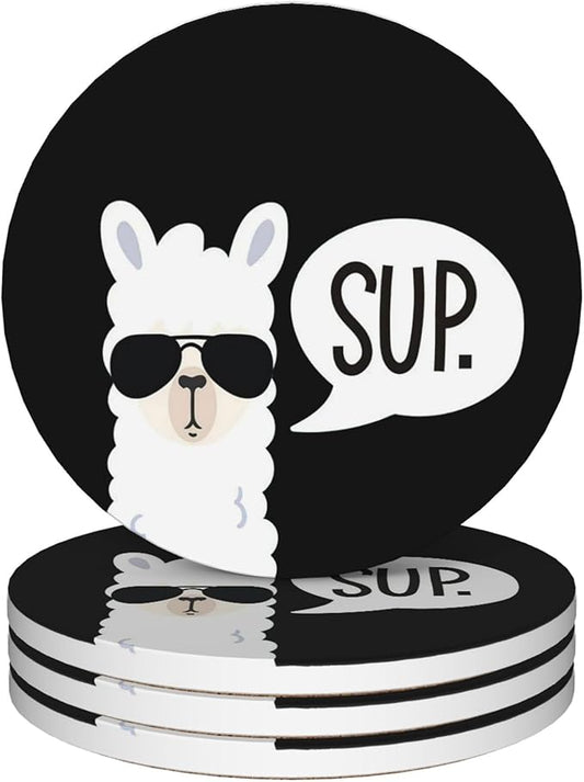 Coasters for Drinks,Set of 4 Absorbent Coasters,Sup Llama Funny Ceramic Coasters with Cork Base,Cup Coaster for Coffee Table Protection,Gifts for Housewarming Birthday - Home and Dining Room Decor