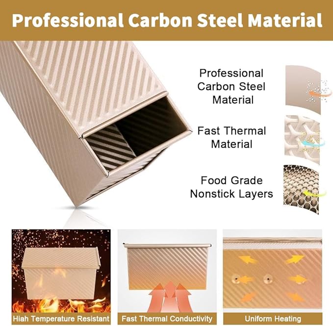 Amagabeli Pullman Loaf Pan with Lid Nonstick Bakeware 9”x4” Carbon Steel Corrugated Bread Toast Box Mold for Cooking Oven Baking Roasting Toaster Bake Mold Homemade Cakes Baking Golden