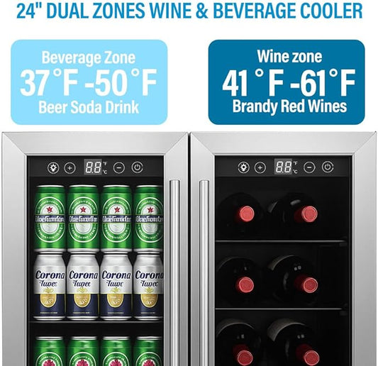 24 inch Beverage Refrigerator Cooler, 5.4 Cubic/176 Can Large Fridge Dual Zone with Glass Front Door, Under Counter Small Refrigerator with Adjustable Shelves and Digital Display