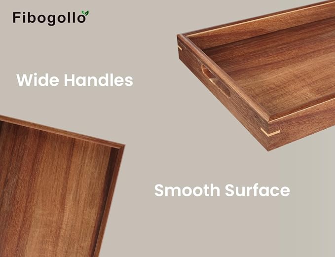 Set of 2 Acacia Wood Serving Tray with Handles,Decorative Trays Platter,Breakfast Tray in Bed,Food Drinks Tray for Eating,Working,Storing(Brown)