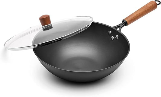 VIVIDCOOKWARE 12.6" Carbon Steel Wok, Spun Iron Stir Fry Wok with Wooden Handle, Flat Bottom Wok Pan with Reinforced Rim, Lightweight Woks & Stir-Fry Pans for Everyday Cooking