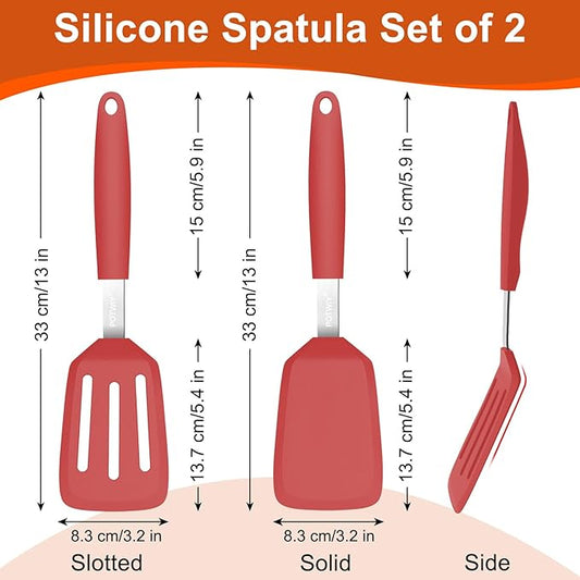 2 Pack Silicone Spatula Set, 600°F Heat Resistant Kitchen Spatula, BPA Free Solid & Slotted Turner, Flexible Cooking Utensils for Non Stick Frying Pan, Flipper for Eggs and Pancakes (Red)