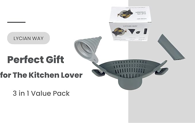 Clip on Strainer Silicone for All Pots and Pans, Colander, Pot Strainer for Pasta, Meat, Vegetables, Space Saving Design, Food-Safe with Collapsible Funnel, Garlic Peeler, 3 Pack (Gray)