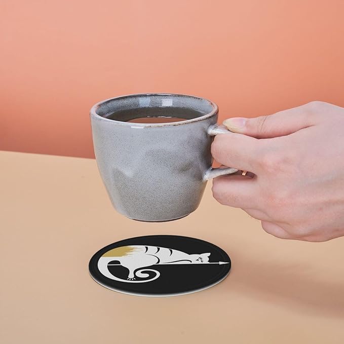 Funny Cat Print Leather Drink Coasters Set of 6 with Holder Round Cup Coaster for Table Decor