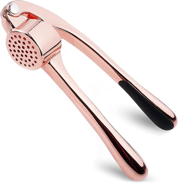 Zulay Kitchen Premium Garlic Press Set - Rust Proof Professional Garlic Mincer Tool - Easy-Squeeze, Easy-Clean with Soft Handle - Silicone Garlic Peeler & Brush (Rose Gold)