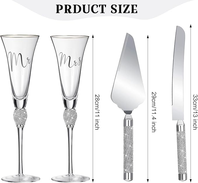Boao 4 Piece Wedding Champagne Flutes and Cake Knife Server Set Crystal Mr and Mrs Toasting Flutes Rhinestone Cake Cutting Set for Bride and Groom Wedding Engagement Bridal Shower Gifts(Silver)