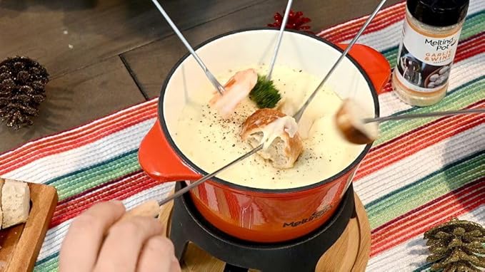The Melting Pot Cast Iron Ombre Fondue Set – 1.6L Fondue Pot with Burner, Forks & Wood Base for Meat, Cheese & Chocolate Dipping
