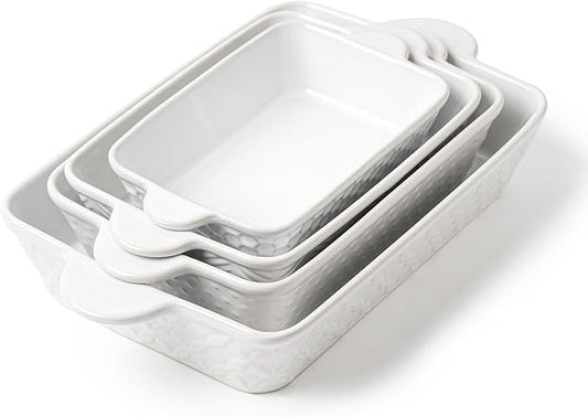 Casserole Dishes for Oven - Ceramic Bakeware Sets of 4, Rectangular Baking Deep Dishes with Handles, Lasagna Pans for Kitchen Cooking & Wedding Gift, Embossed