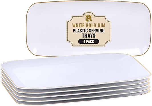 R-kay 4 Pack Gold Rim Plastic Serving Trays - 10 by 5.5 in Heavy Duty Rectangular Platters for Food and Desserts - Premium White Party Trays