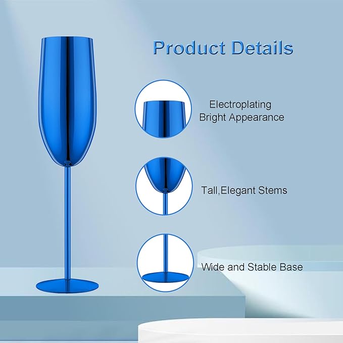 Stainless Steel Champagne Flutes Set of 4-Wedding &Birthday Gifts,8.5 Oz Unbreakable Champagne Glass with Long Stem,Reusable Indoor Outdoor Drinkware (Blue)