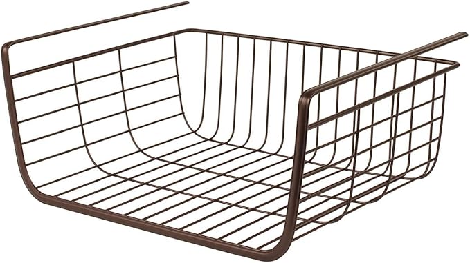 Steel Over the Shelf Storage Basket, Bronze – Heavy Duty Wire Basket with Hooks, Over-the-Cabinet Organizer for Kitchen, Bathroom, Office, Easy Install, Durable Steel Construction