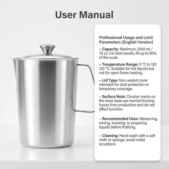 QWORK Large 70 oz Stainless Steel Measuring Cup with Removable Lid – Extra Capacity Marked Pitcher for Kitchen, Coffee & Bar Use