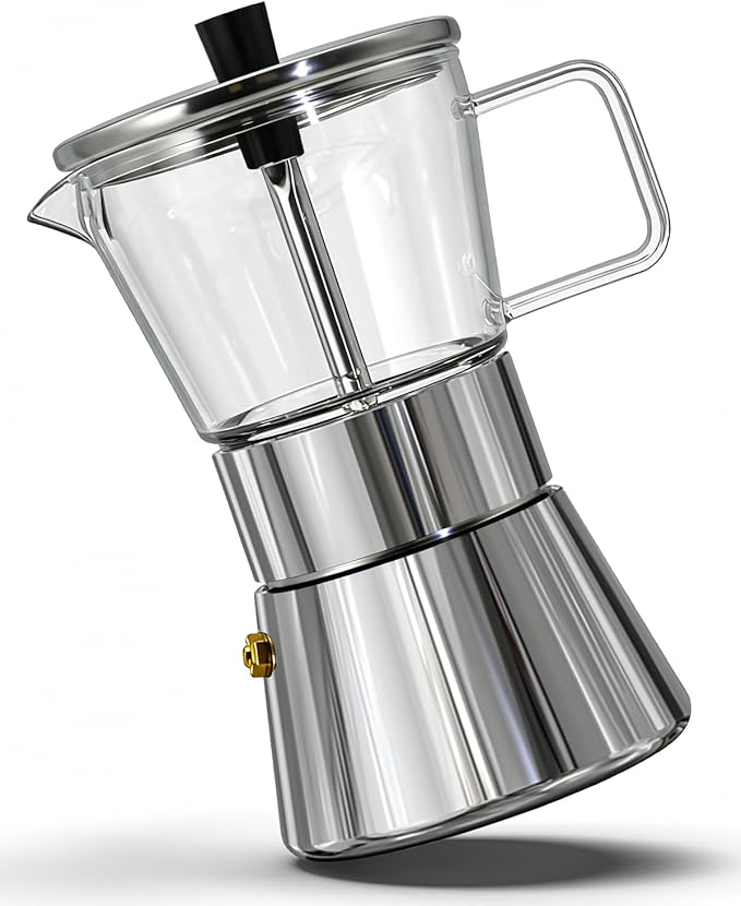 Grasseed Crystal Glass-Top Moka Pot, Polished Stainless Steel Stovetop Espresso Maker for Italian Coffee - 6 Cup/240ml/8.4oz
