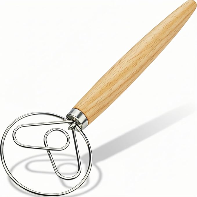 Danish Dough Whisk with Dough Hook Stainless Steel Bread Whisk Wooden Handle for Sourdough Bread Baking Dough Mixing