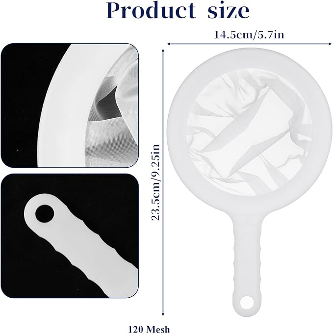 2Pcs Ultra Fine Mesh Strainer, 120 Mesh Nylon Food Juice Strainer with Non-Slip Plastic Handle Yogurt Fine Mesh Sieve Kitchen Colander Mini Brine Shrimp Separation Net for Coffee Milk Yogurt White