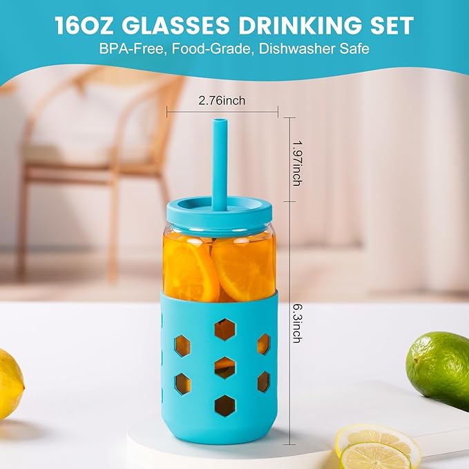 16 oz Glass Cups With Lids and Straws, 4-Pack Iced Coffee Cup - Smoothie Cup With Silicone Lid and Sleeve for Coffee Bar Accessory, Cute Drinking Glasses Set Reusable Glass Tumbler for Gifts