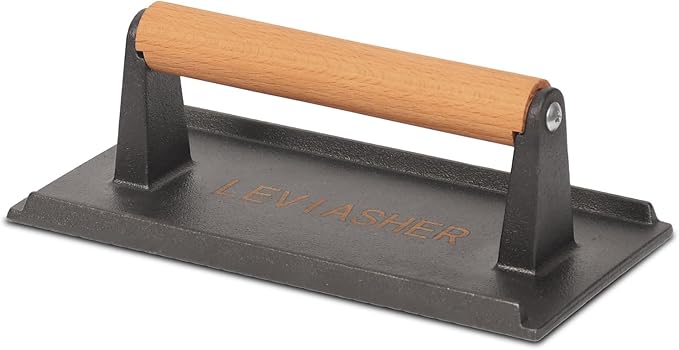 2.2 lb Heavy Duty Cast Iron Grill Press, 7.8X3.9 inch Rectangle Bottom Granular Burger Press with Wood Handle for Blackstone, Chef, Camp, Panini, Vegetable, Bacon, Sandwich, BBQ