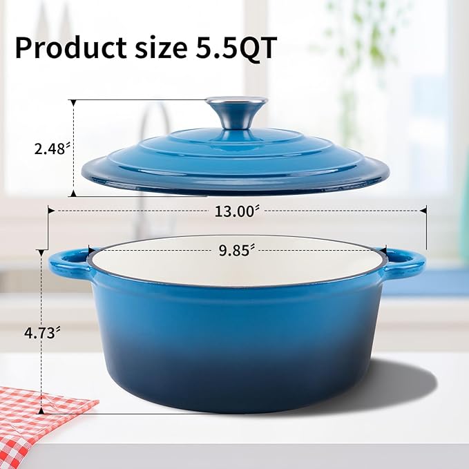 WOKINS Enameled Cast Iron Dutch Oven Pot with Lid Heavy-Duty Cookware for Bread Baking,Braising,Stews,Roasting,Oven Safe up to 500°F,5.5QT,blue