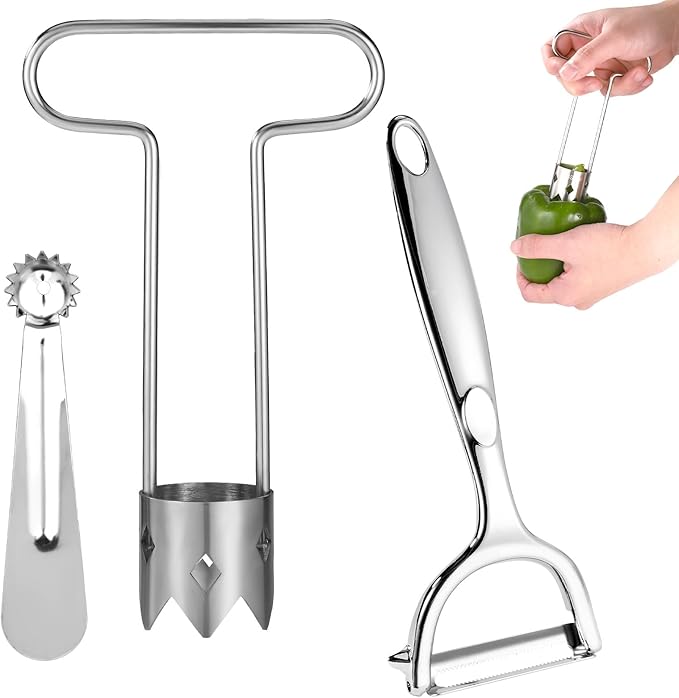 Red Bell Pepper Corer, Multi-Function Fruit & Vegetable Stem Remover Tool and Peeler Stainless Steel Top Kitchen Cooking Gadget for Tomato Carrot Apple Pear Pineapple