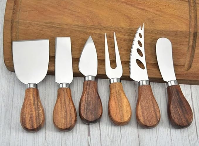 Cheese Knives with Cheese Slicer Cheese Cutter Cheese Fork,Cheese Spreading Knife for Charcuterie Boards and Cutlery Gift Set,6 Pieces Cheese Knife Set with Bamboo Wood Handle Steel Stainless