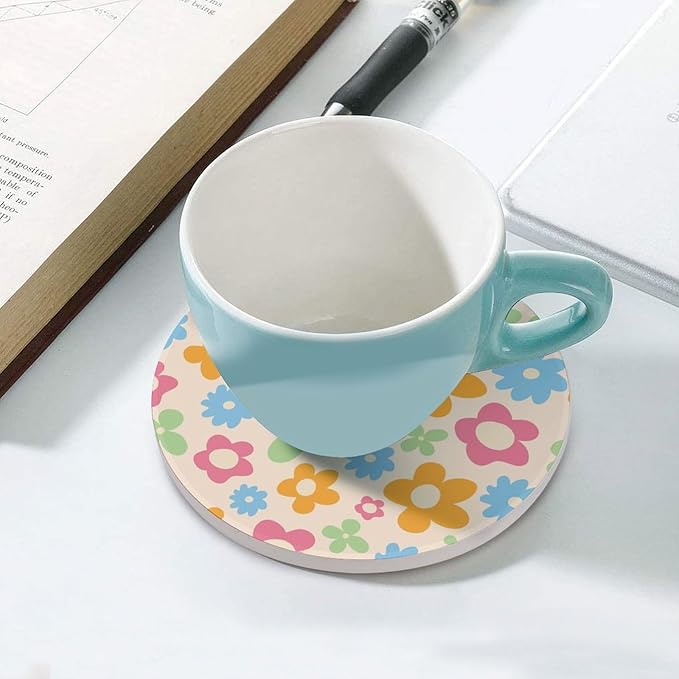 Floral Drink Coasters, Round Ceramic Drink Coaster Round-4PCS, Cartoon 70s Cute Flower Abstract Pastel Daisy Floral Decor Absorbent Ceramic Coasters for Beverage Cup, Bar, Coffee Table