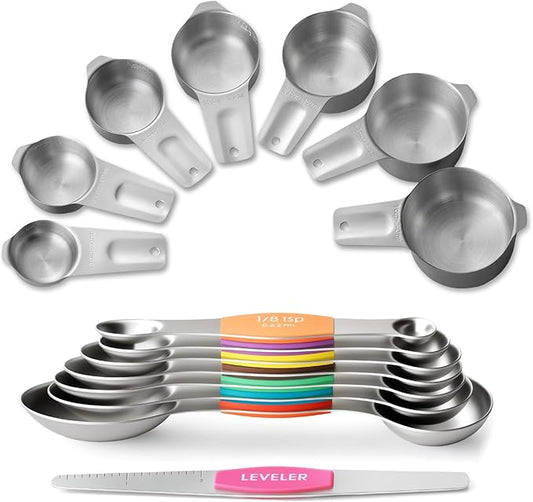 Stainless Steel Measuring Cups & Spoons Set, EWFEN Kitchen Tools Nesting Measuring Cups and Spoons, Set of 15 with Leveler