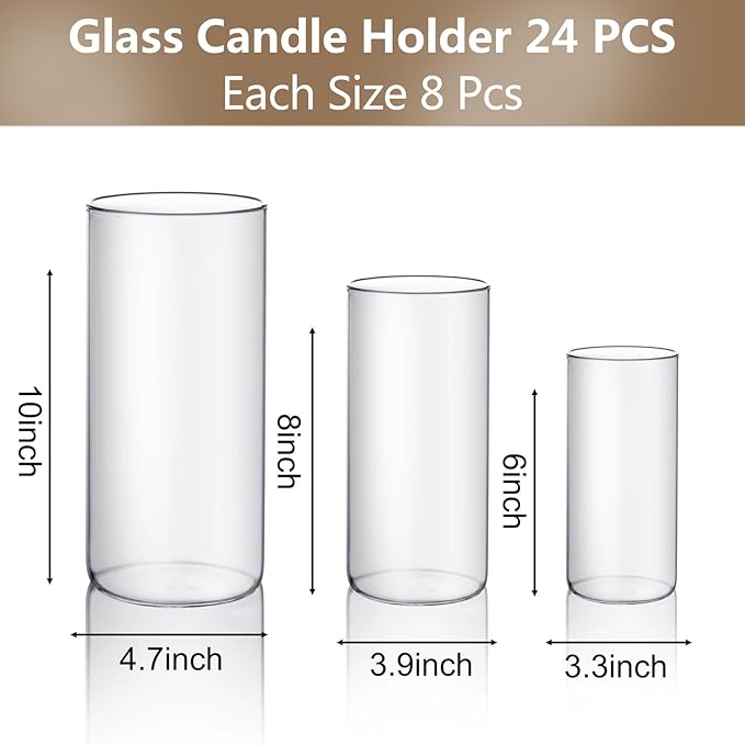 24 PCS Hurricand Glass Candle Holders, Clear Glass Cylinder Vase for Centerpieces Wedding Party Decoration
