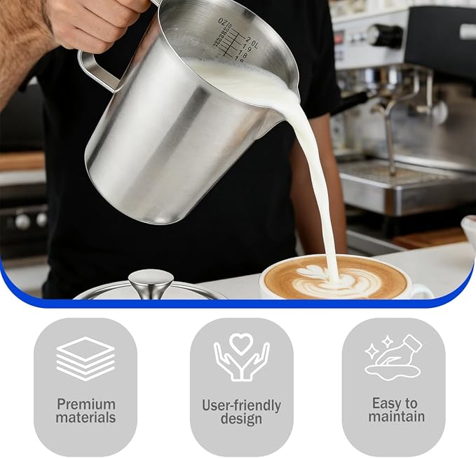 Stainless Steel Pitcher with Lid,70 oz 2 Liter Water Pitcher Large Metal Measuring Cup with Handle,8 Cup Measuring Cup Metal Pitchers,Suitable for Espresso Machines, Latte Art, Iced Tea.